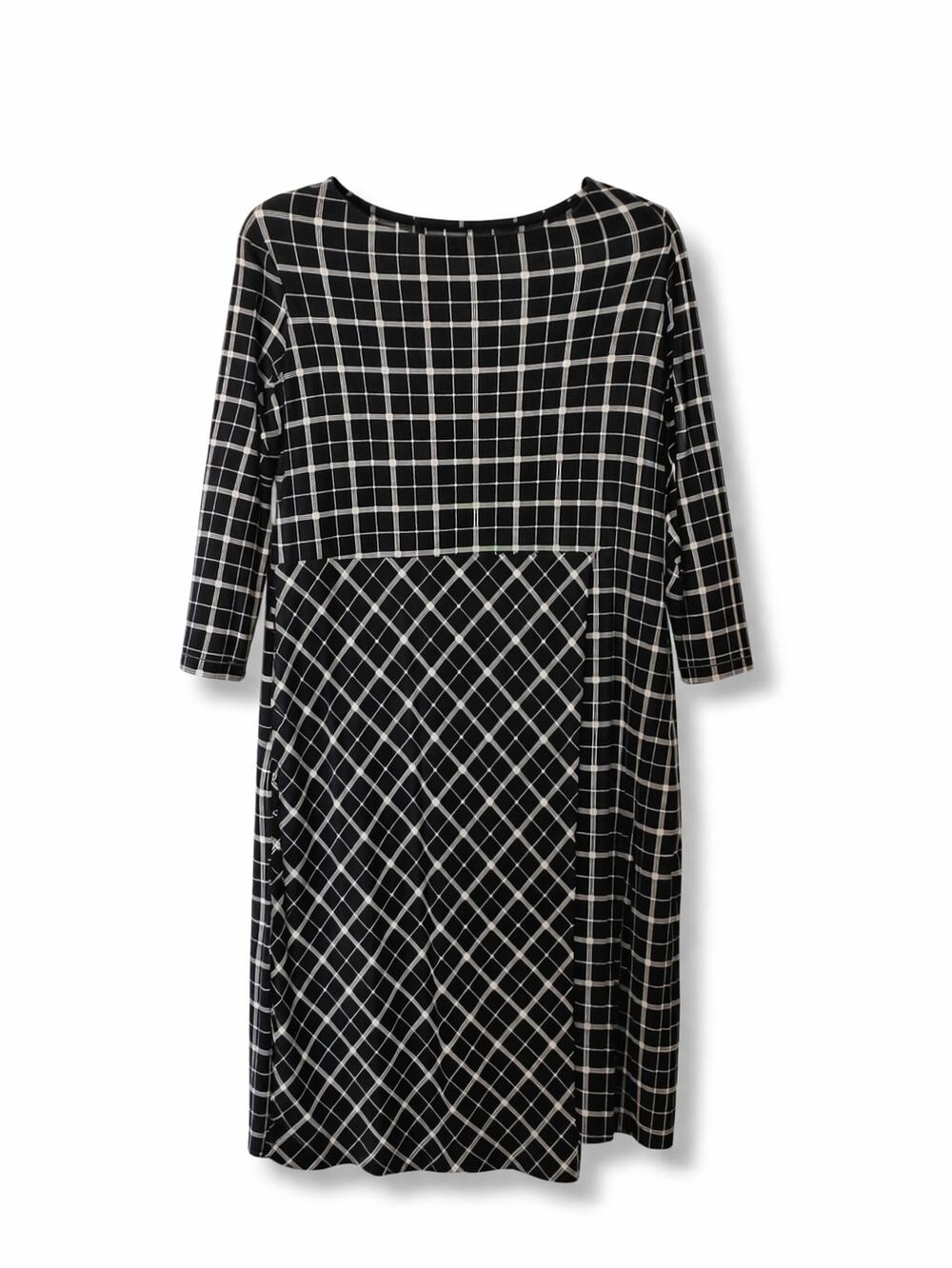 J. Jill Wearever Black White Windowpane 3/4 Sleeve Faux Wrap Midi Dress S